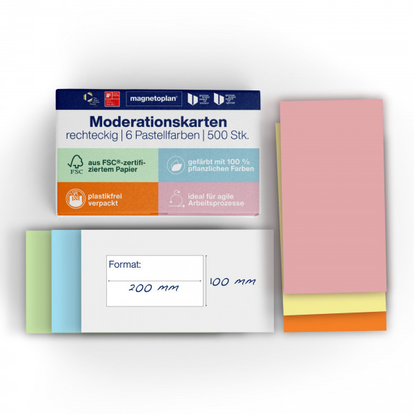 magnetoplan Moderation cards rectangle, 6 assorted colours, 500 pcs, 200 x 100mm