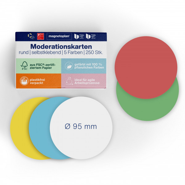 magnetoplan Moderation cards round, self-adhesive, assorted colours, 250 pcs, Ø 95mm
