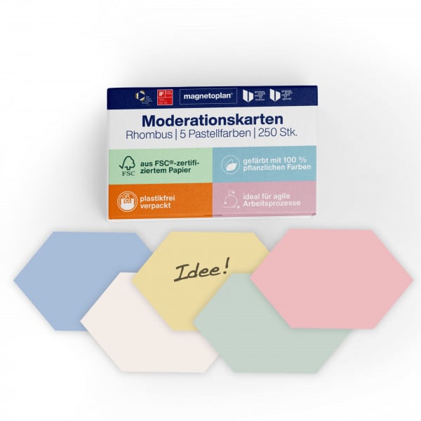 magnetoplan Moderation cards Rhombus, assorted-colours, 250 pcs, 200 x 95mm